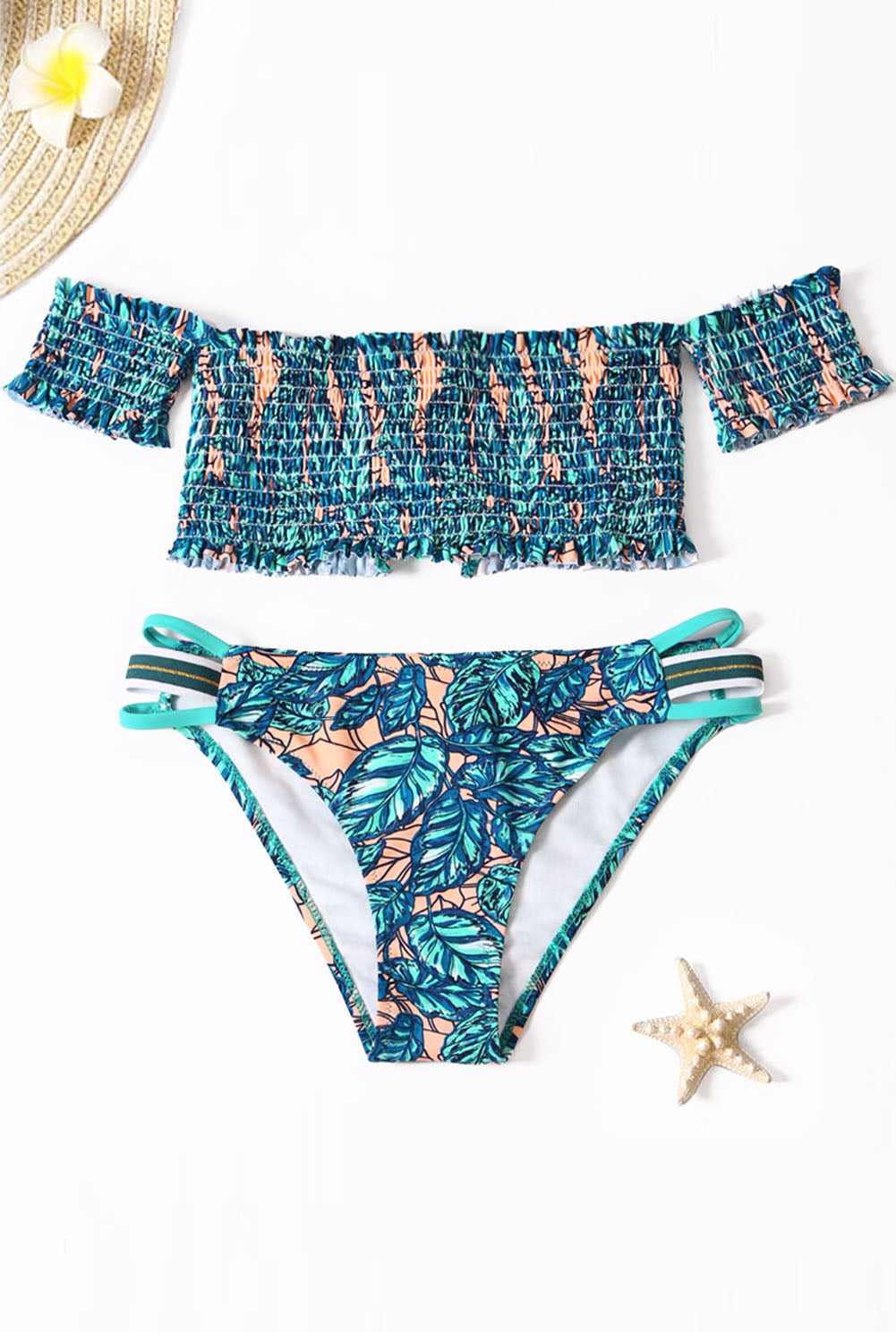 Green Tropical Printed Sleeve Smocked Two-Piece Swimsuit