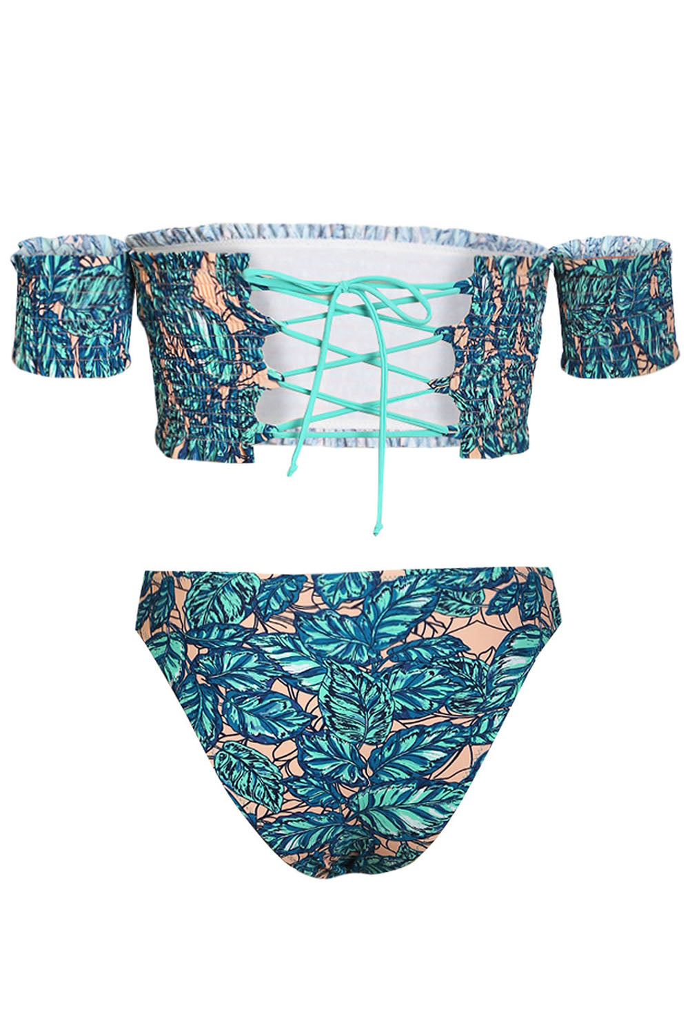 Green Tropical Printed Sleeve Smocked Two-Piece Swimsuit