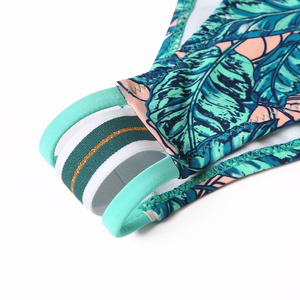 Green Tropical Printed Sleeve Smocked Two-Piece Swimsuit