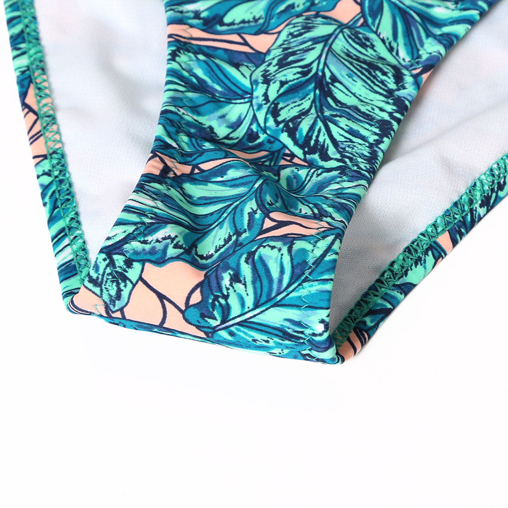Green Tropical Printed Sleeve Smocked Two-Piece Swimsuit
