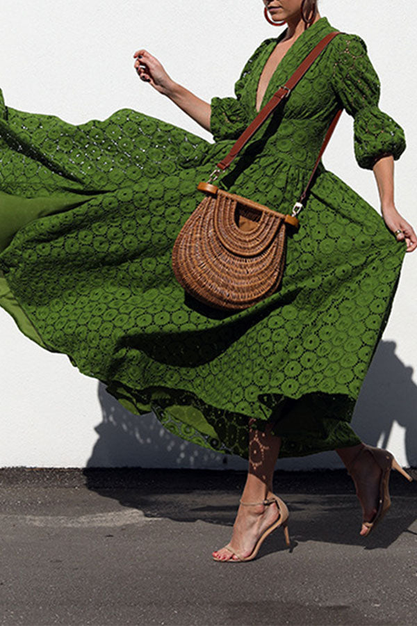 Eyelet V-Neck Puff Sleeve Button-Front Maxi Dress