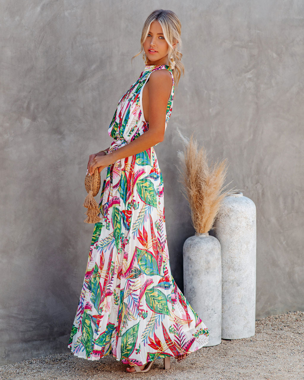 Tropical Print Halter Neck Pleated Maxi Dress