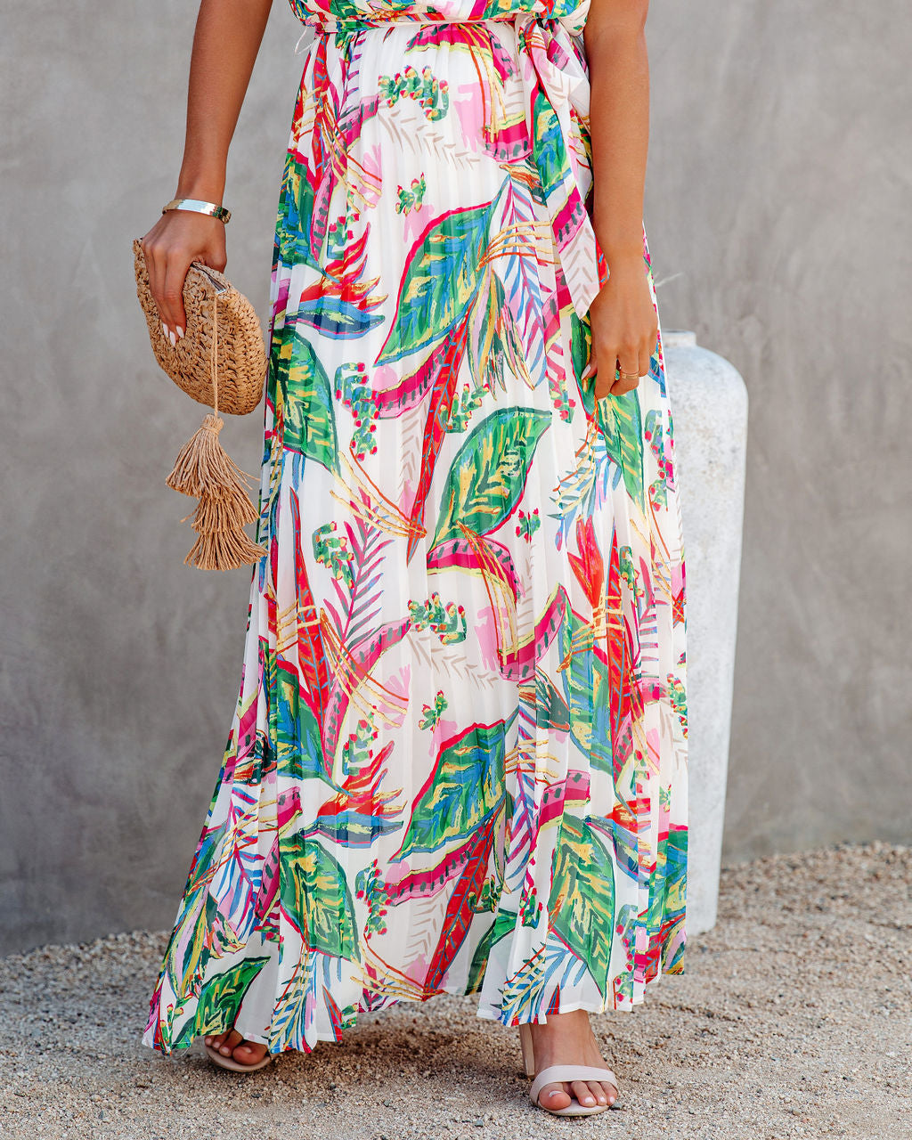 Tropical Print Halter Neck Pleated Maxi Dress