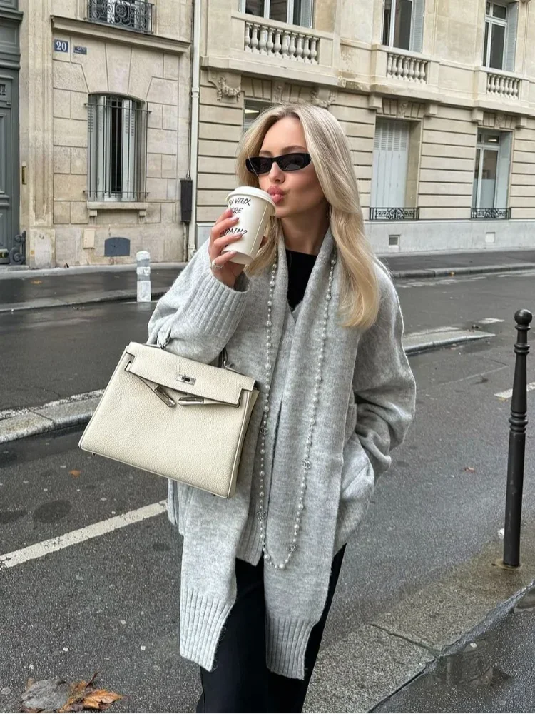 Grey Scarf Collar Loose Cashmere Cardigan