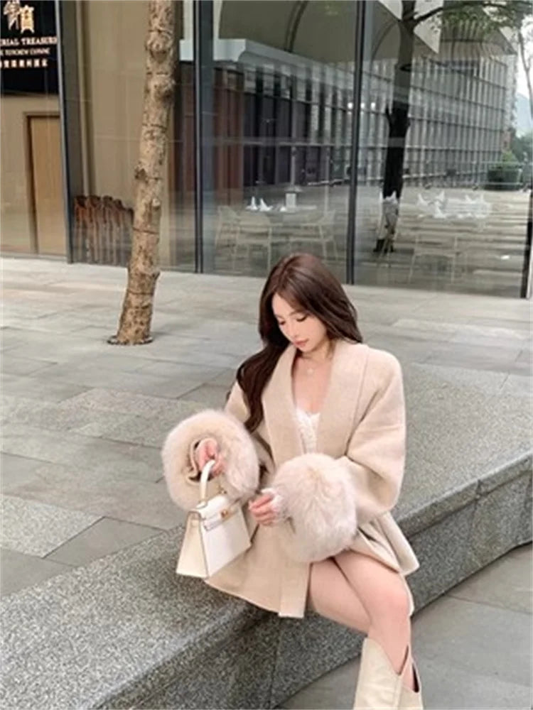 Grey Tie Waist Woolen Loose High-end Cape Medium Coats - Fashionpara