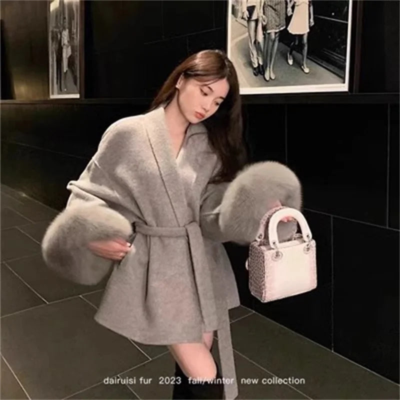 Grey Tie Waist Woolen Loose High-end Cape Medium Coats - Fashionpara