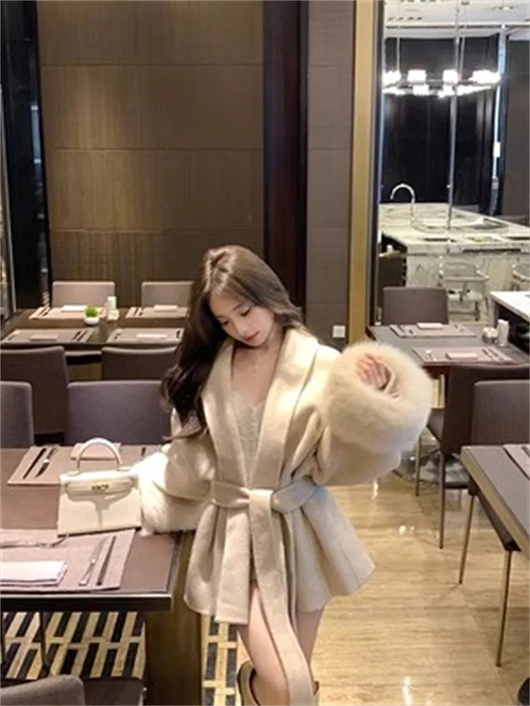 Grey Tie Waist Woolen Loose High-end Cape Medium Coats - Fashionpara