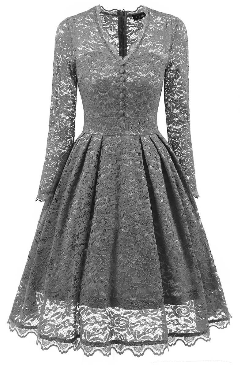 V-neck Lace Prom Dress With Long Sleeves - Mislish