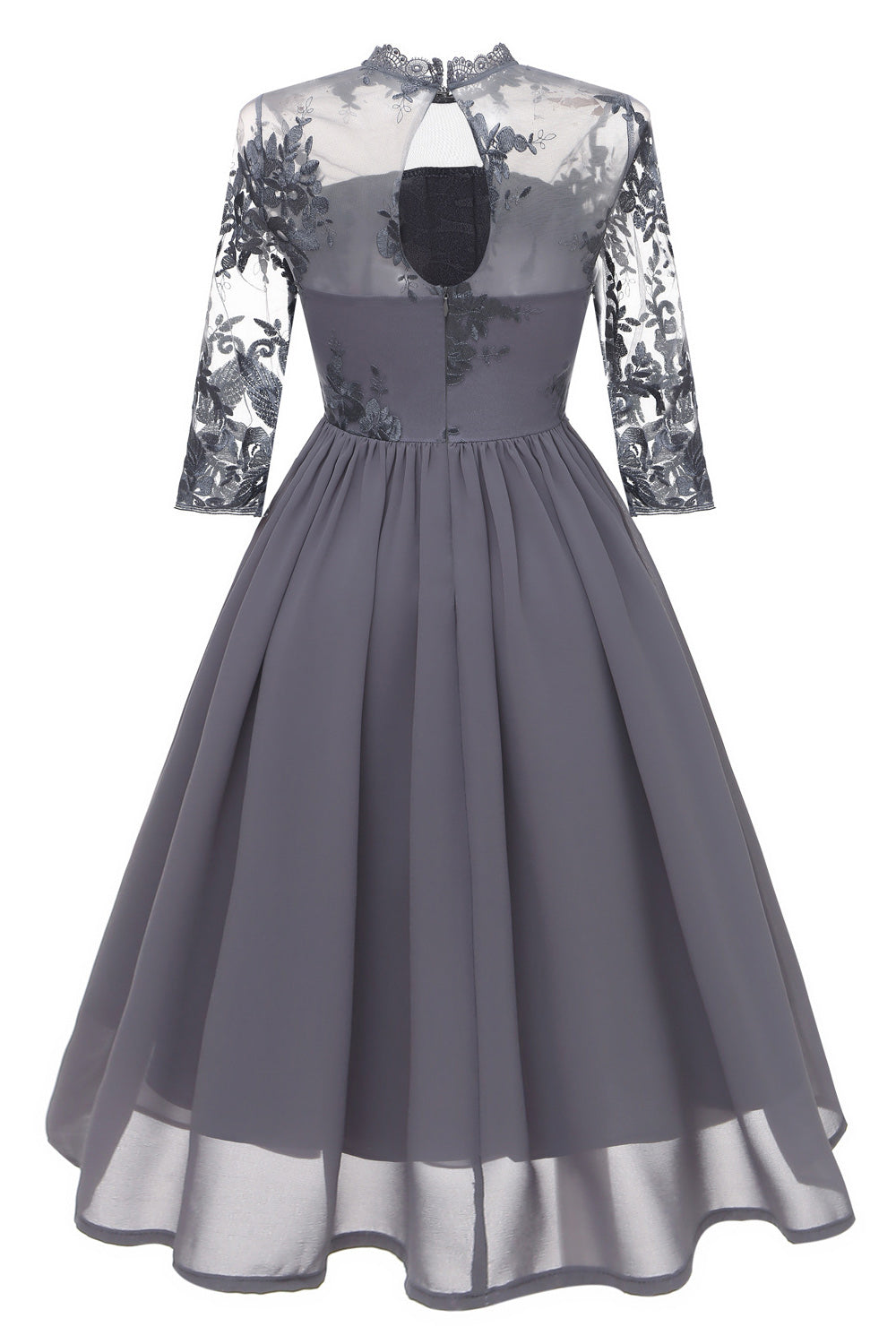 Lace Yoke High Neck Chiffon A-Line Midi Dress