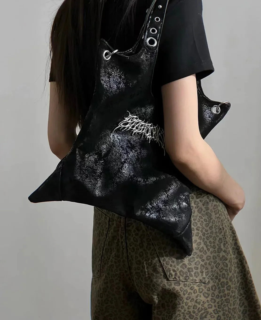 Gothic Grunge Black PU Leather Large Capacity Shoulder Bag - Fashionpara