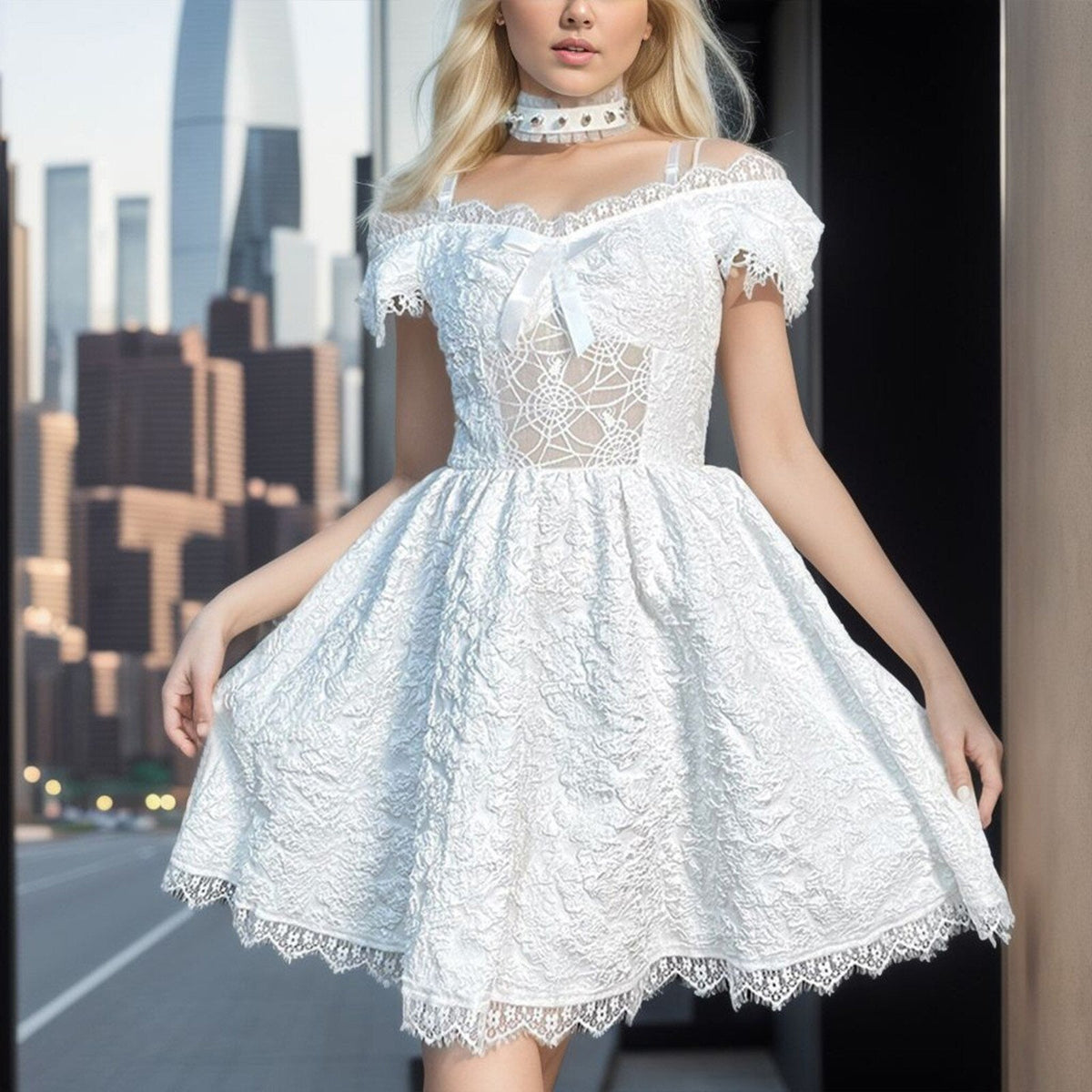 Lace Off-Shoulder Sweetheart Bow-Front A-Line Mini Dress