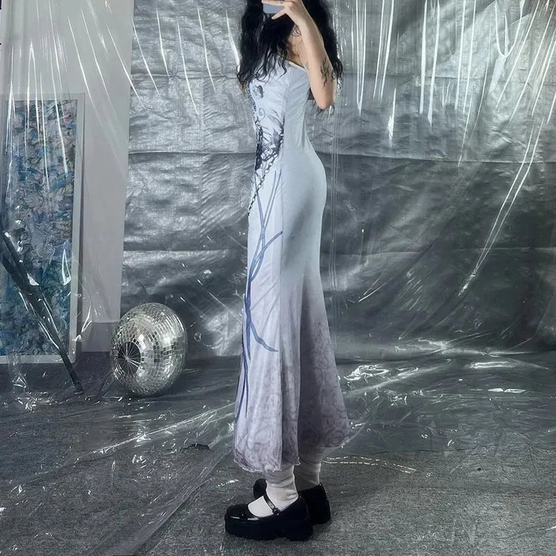 Skeleton Print Square Neck Sleeveless Mermaid Maxi Dress 2