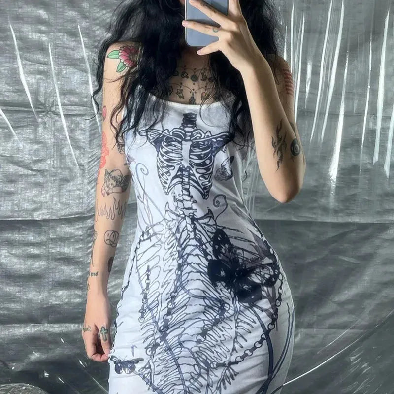 Skeleton Print Square Neck Sleeveless Mermaid Maxi Dress 3