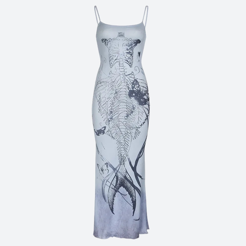 Skeleton Print Square Neck Sleeveless Mermaid Maxi Dress 4