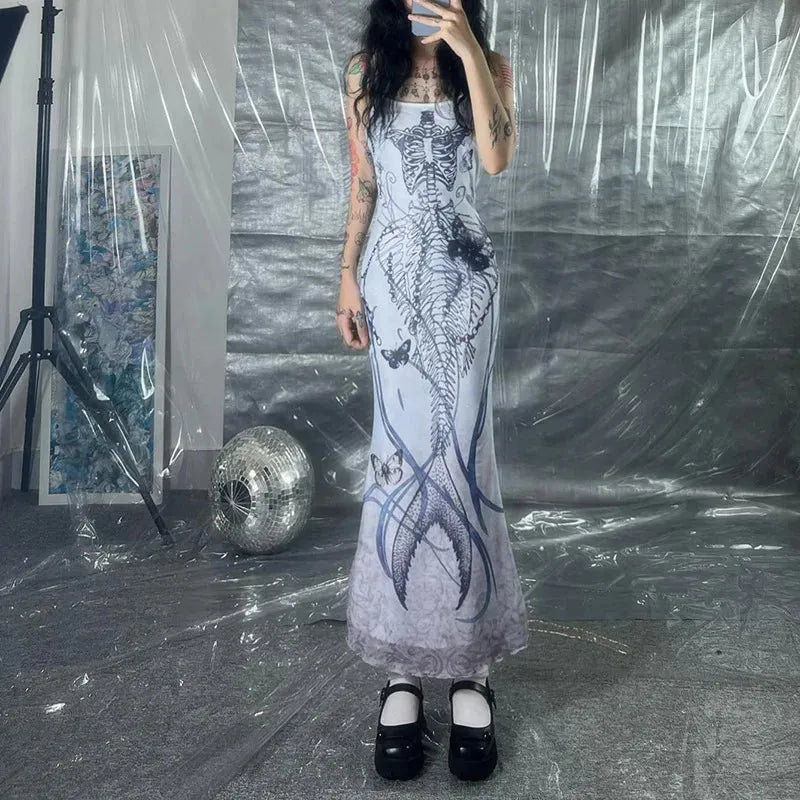 Skeleton Print Square Neck Sleeveless Mermaid Maxi Dress