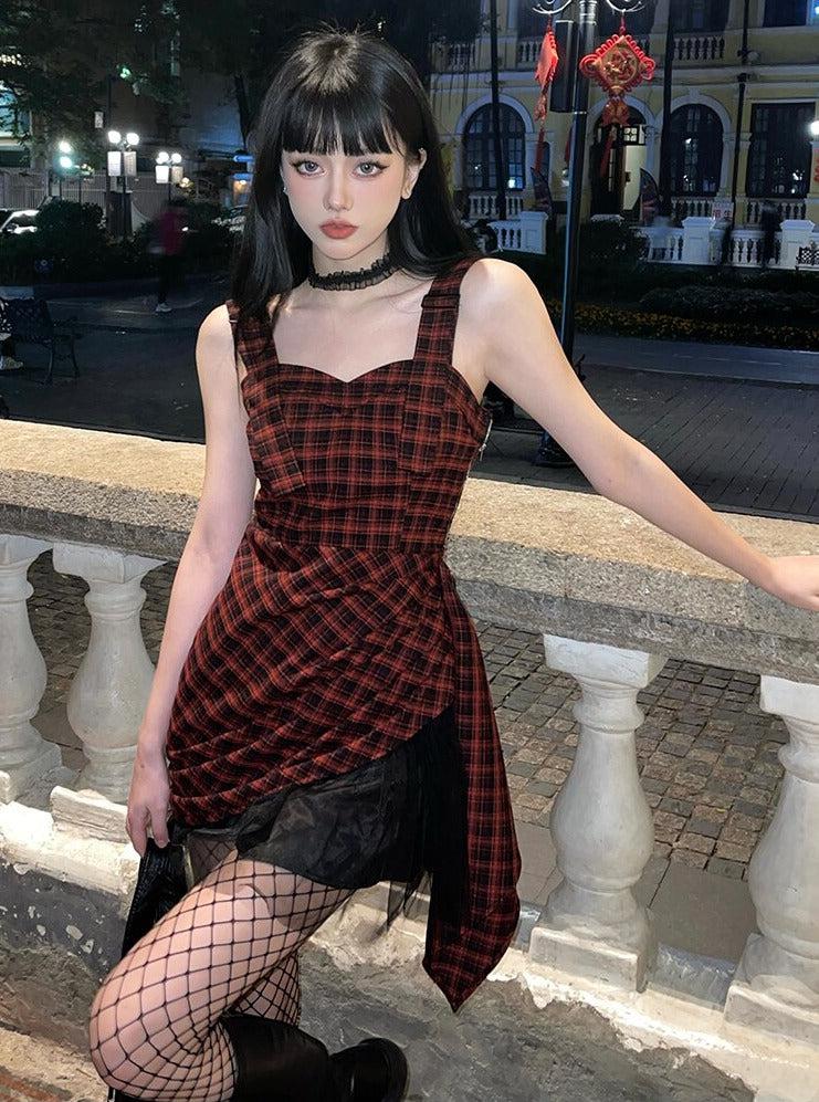 Plaid Sweetheart Ruched Asymmetric Mini Dress