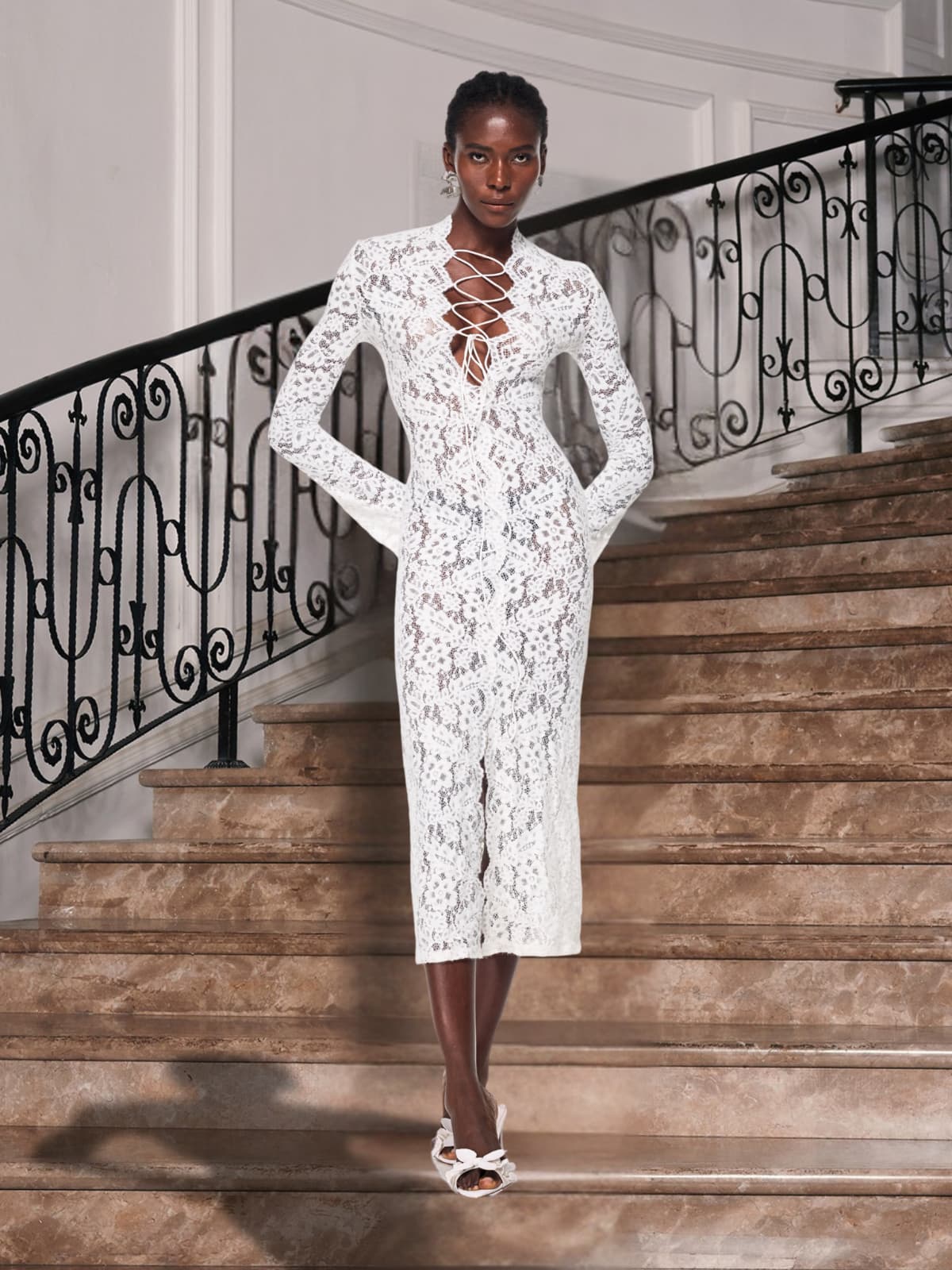 Lace Up Split Lace Midi Dress