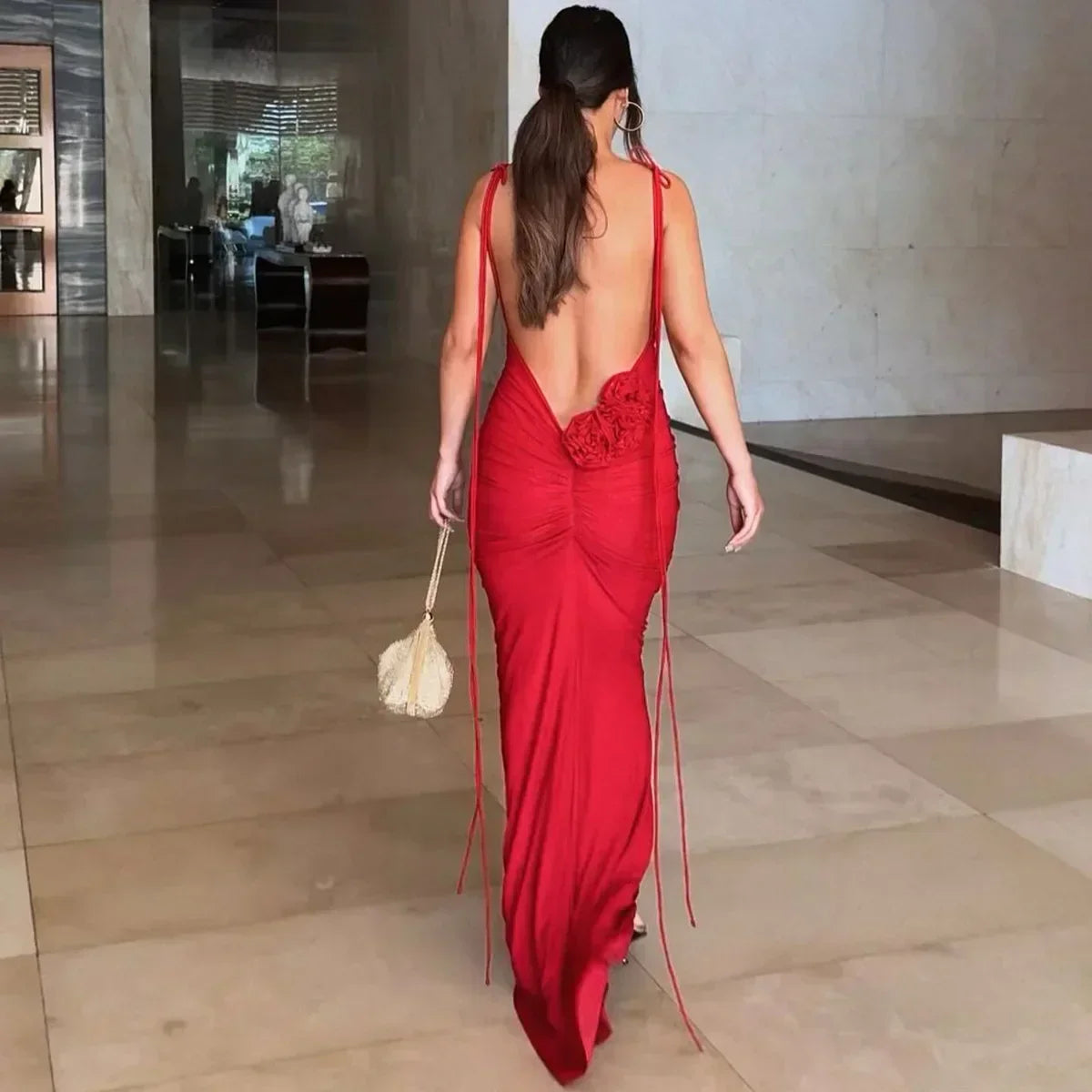 Halter Neck Open Back Rosette Ruched Maxi Dress