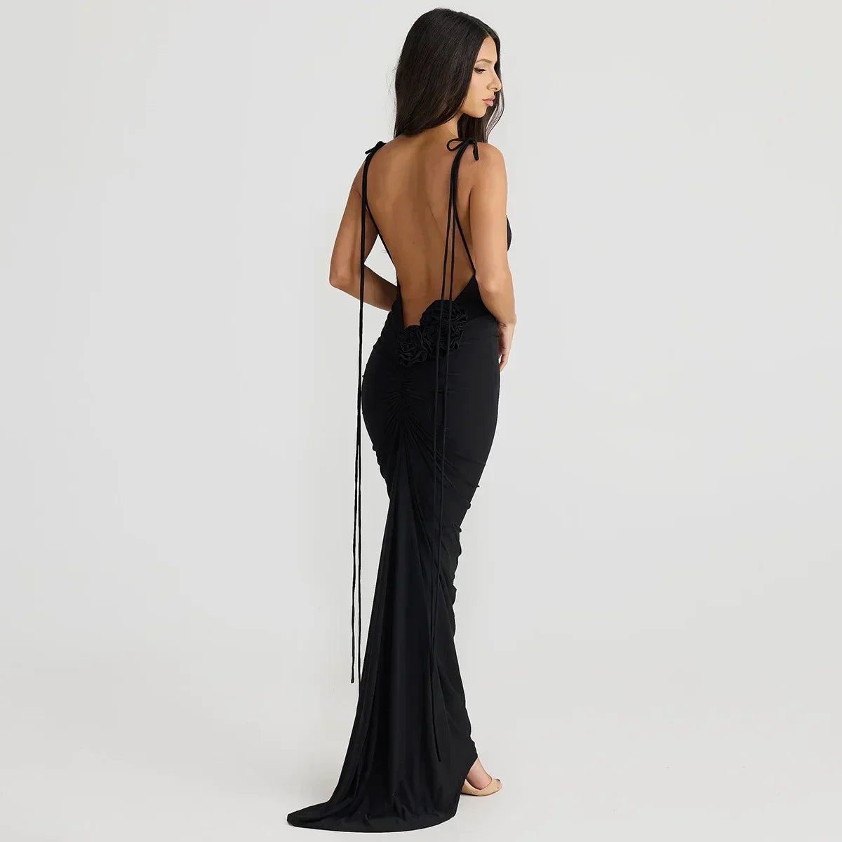 Halter Neck Open Back Rosette Ruched Maxi Dress