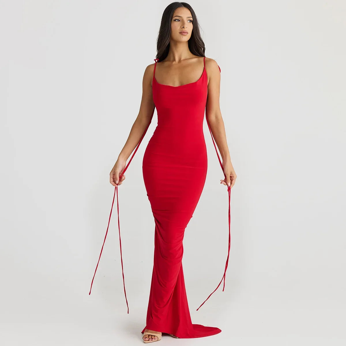 Halter Neck Open Back Rosette Ruched Maxi Dress
