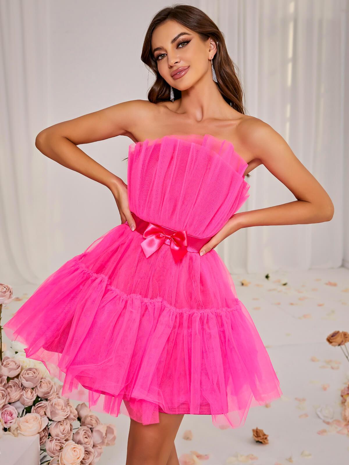 Tulle Strapless Bow Tiered Fit-and-Flare Mini Dress