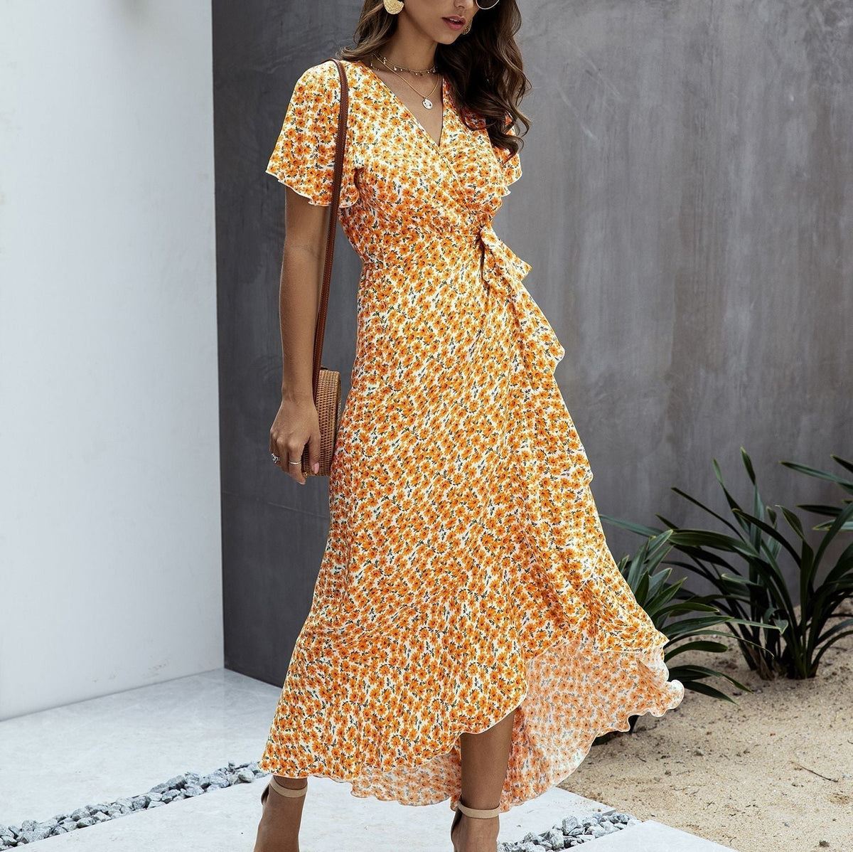 Ditsy Floral V-Neck Flutter Sleeve High-Low Maxi Dress 13