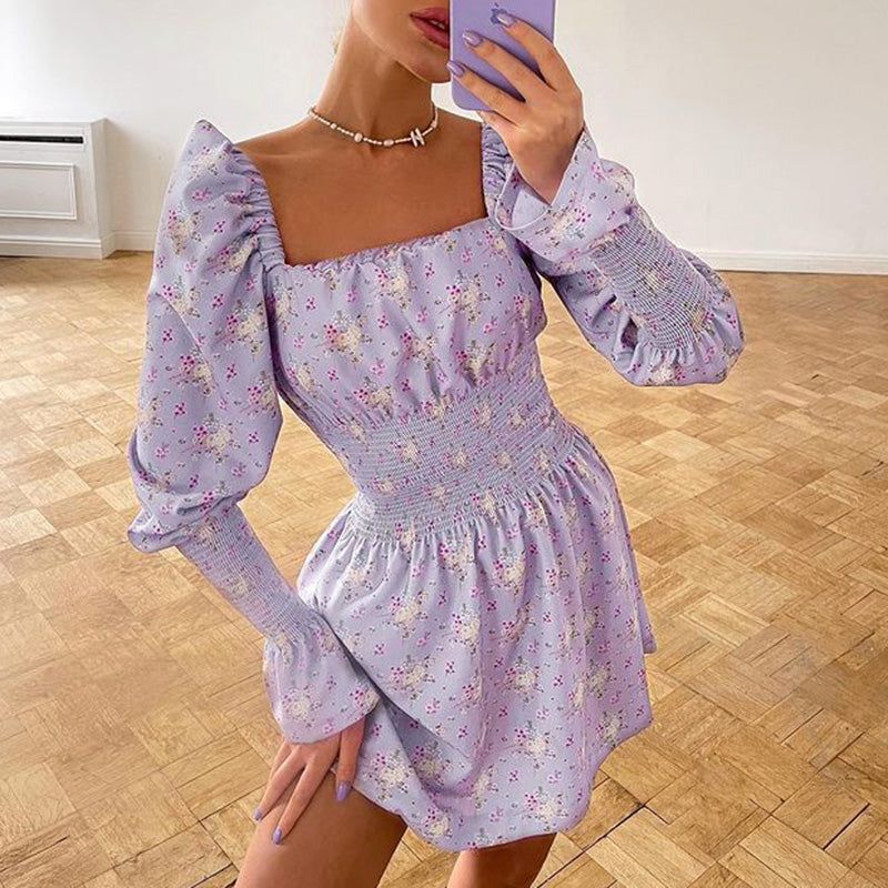 Floral Square Neck Long Puff Sleeve Smocked Mini Dress 3