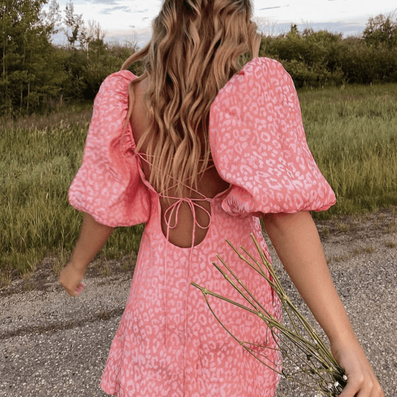 Leopard Jacquard Puff Sleeve Lace Up Back Mini Dress 3