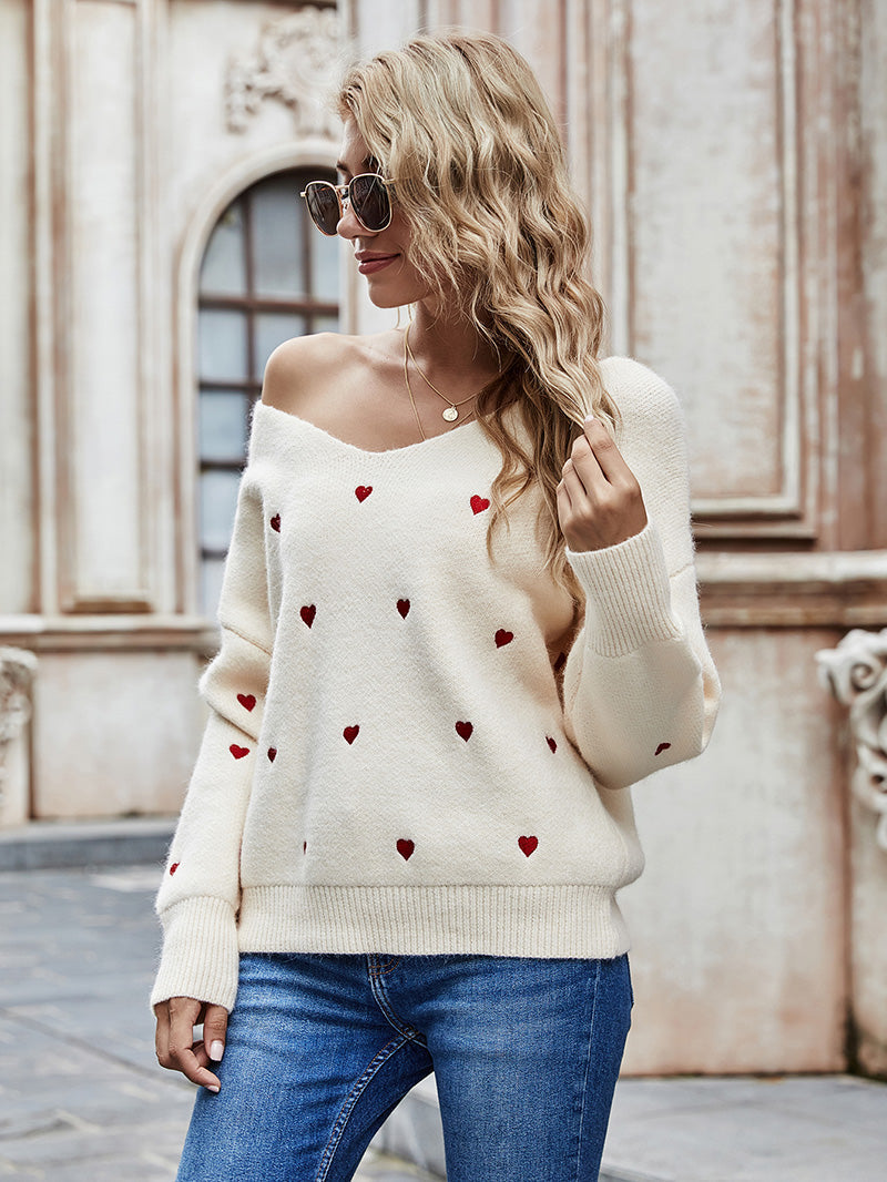 Sage Red Heart Print Sweater for Effortless Style and Comfort