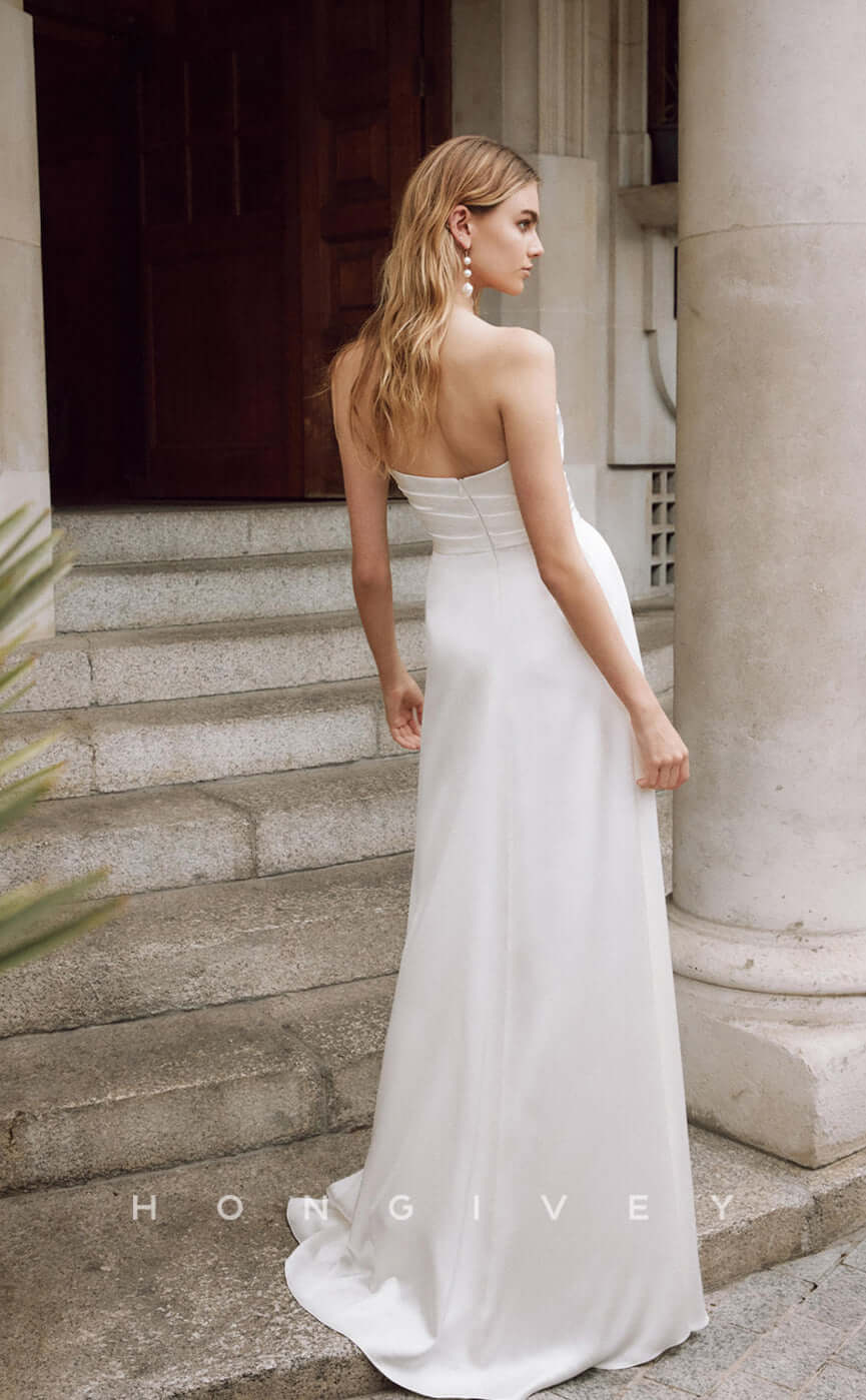 H0804 - Ruched High Slit Strapless Open Back Sleeveless With Train Wedding Dress - Fashionpara