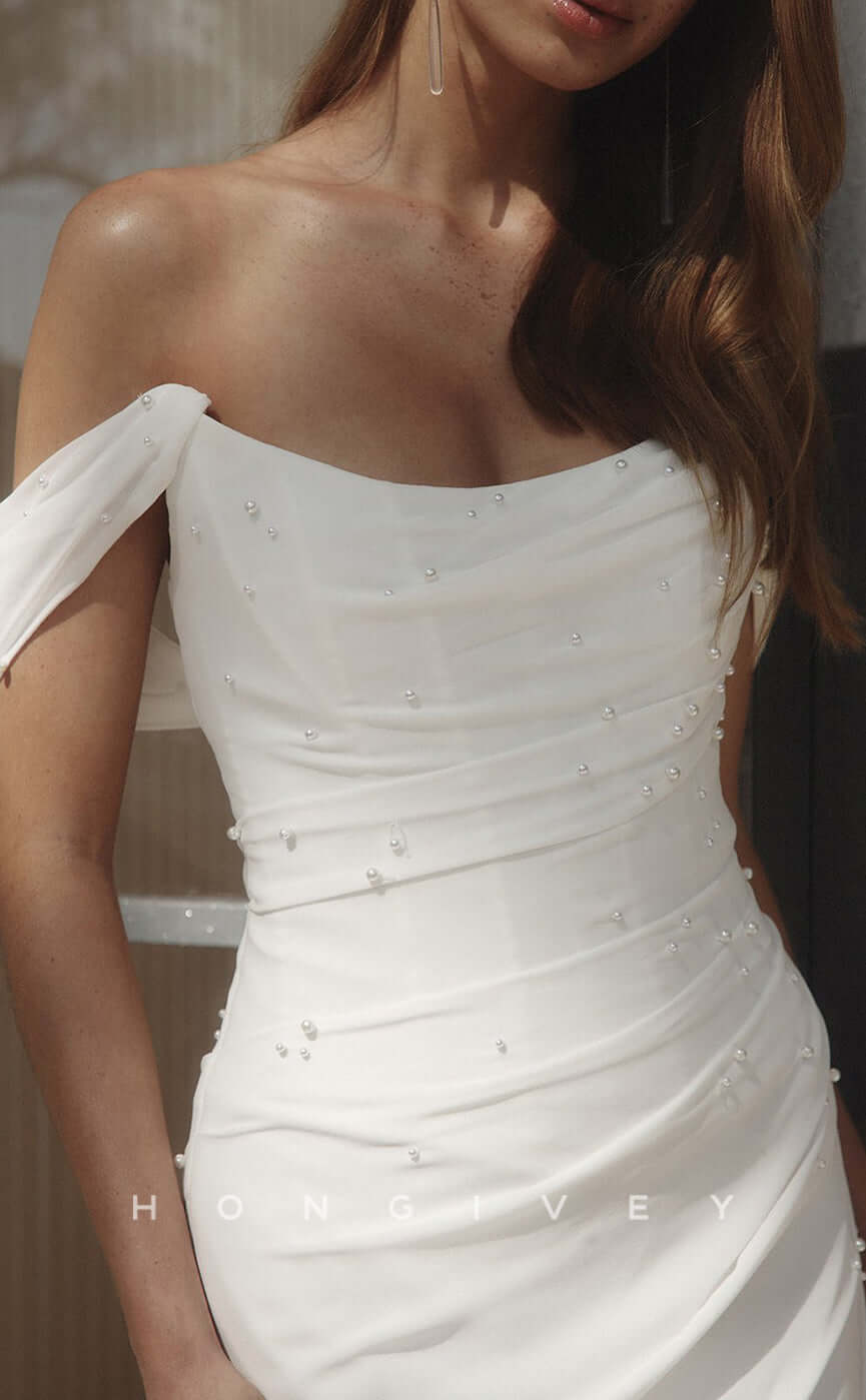 H0805 - Beaded Embellished Off Shoulder With Train Ruched Mermaid Wedding Dress - Fashionpara