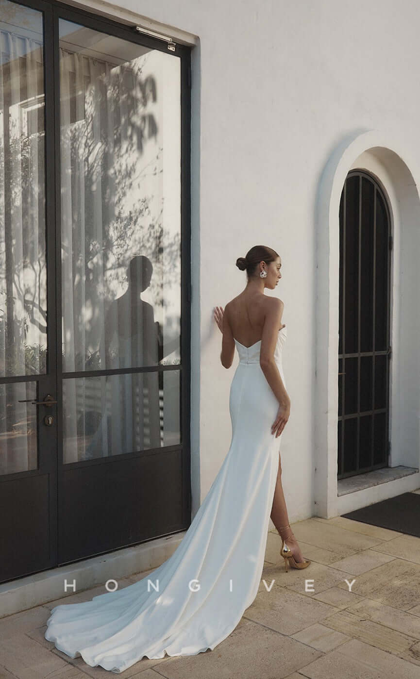 H0806- Strapless Off Shoulder Ruched High Slit With Train Wedding Dress - Fashionpara