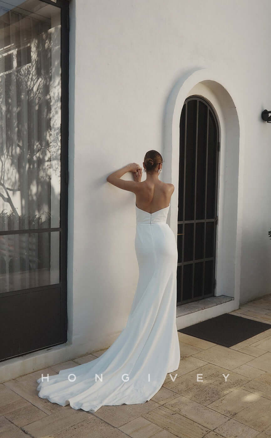 H0806- Strapless Off Shoulder Ruched High Slit With Train Wedding Dress - Fashionpara