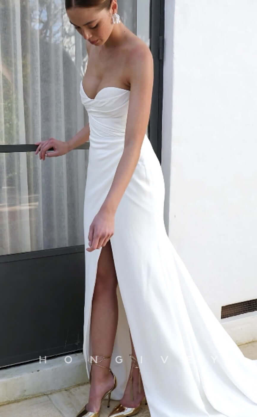 H0806- Strapless Off Shoulder Ruched High Slit With Train Wedding Dress - Fashionpara
