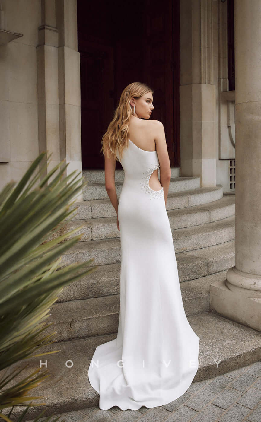 H0808 - Beaded Rhinestone Embellished Illusion Cutout Sleeveless With Train Wedding Dress - Fashionpara