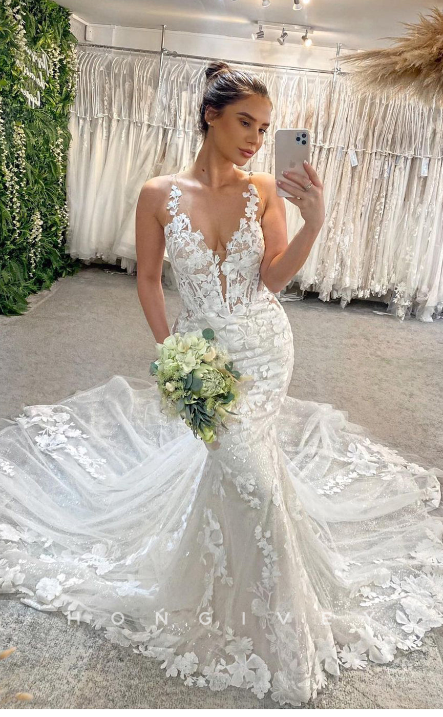 H0841 - Fully Floral Appliqued Plunging Illusion Mermaid With Tulle Train Rustic Wedding Dress - Fashionpara
