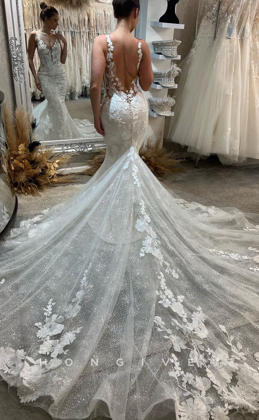 H0841 - Fully Floral Appliqued Plunging Illusion Mermaid With Tulle Train Rustic Wedding Dress - Fashionpara