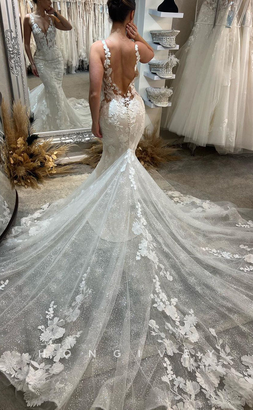 H0841 - Fully Floral Appliqued Plunging Illusion Mermaid With Tulle Train Rustic Wedding Dress - Fashionpara