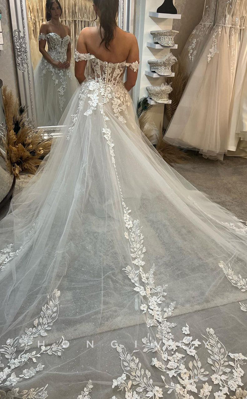 H0842 - Fully Floral Appliqued Plunging Illusion With TulleTrain Princess Wedding Dress - Fashionpara