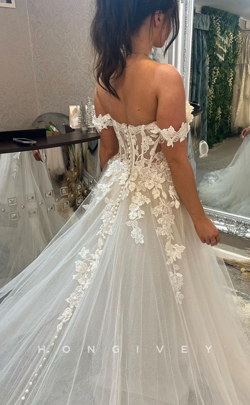 H0842 - Fully Floral Appliqued Plunging Illusion With TulleTrain Princess Wedding Dress - Fashionpara