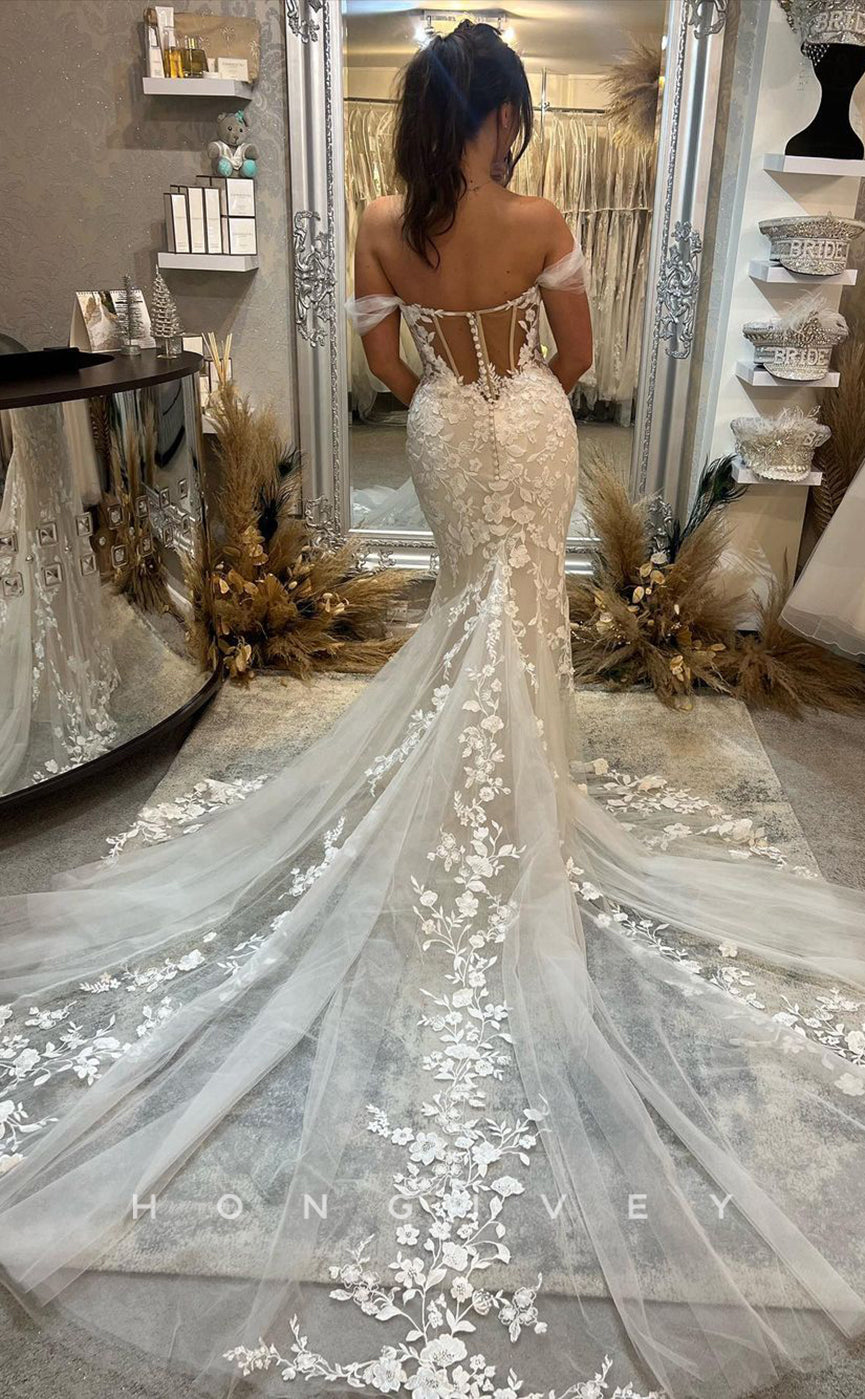 H0843 - Fully Floral Appliqued Lace Plunging Illusion Mermaid With TulleTrain Romantic Wedding Dress - Fashionpara
