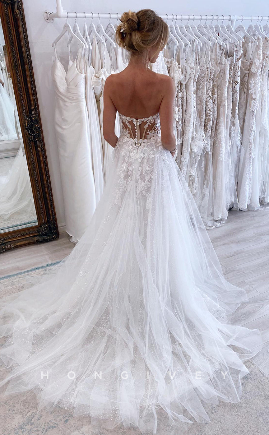 H0889 - Floral Embossed Plunging Illusion Strapless With Train Wedding Dress - Fashionpara