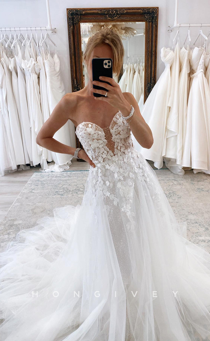 H0889 - Floral Embossed Plunging Illusion Strapless With Train Wedding Dress - Fashionpara