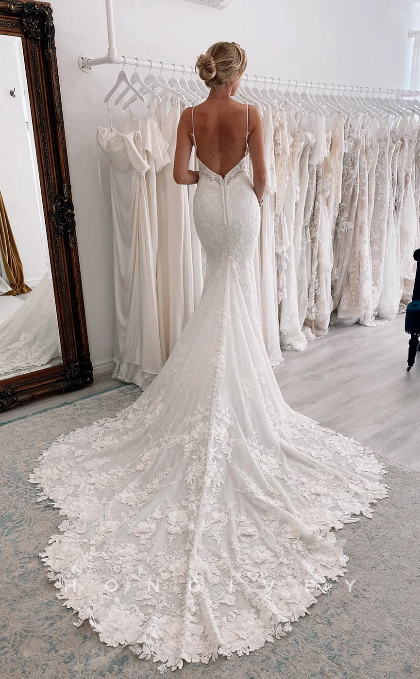 H0890 - Sheer Fully Floral Lace Embroidered Plunging Illusion With Train Wedding Dress - Fashionpara