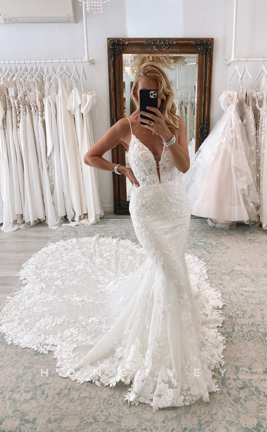 H0890 - Sheer Fully Floral Lace Embroidered Plunging Illusion With Train Wedding Dress - Fashionpara