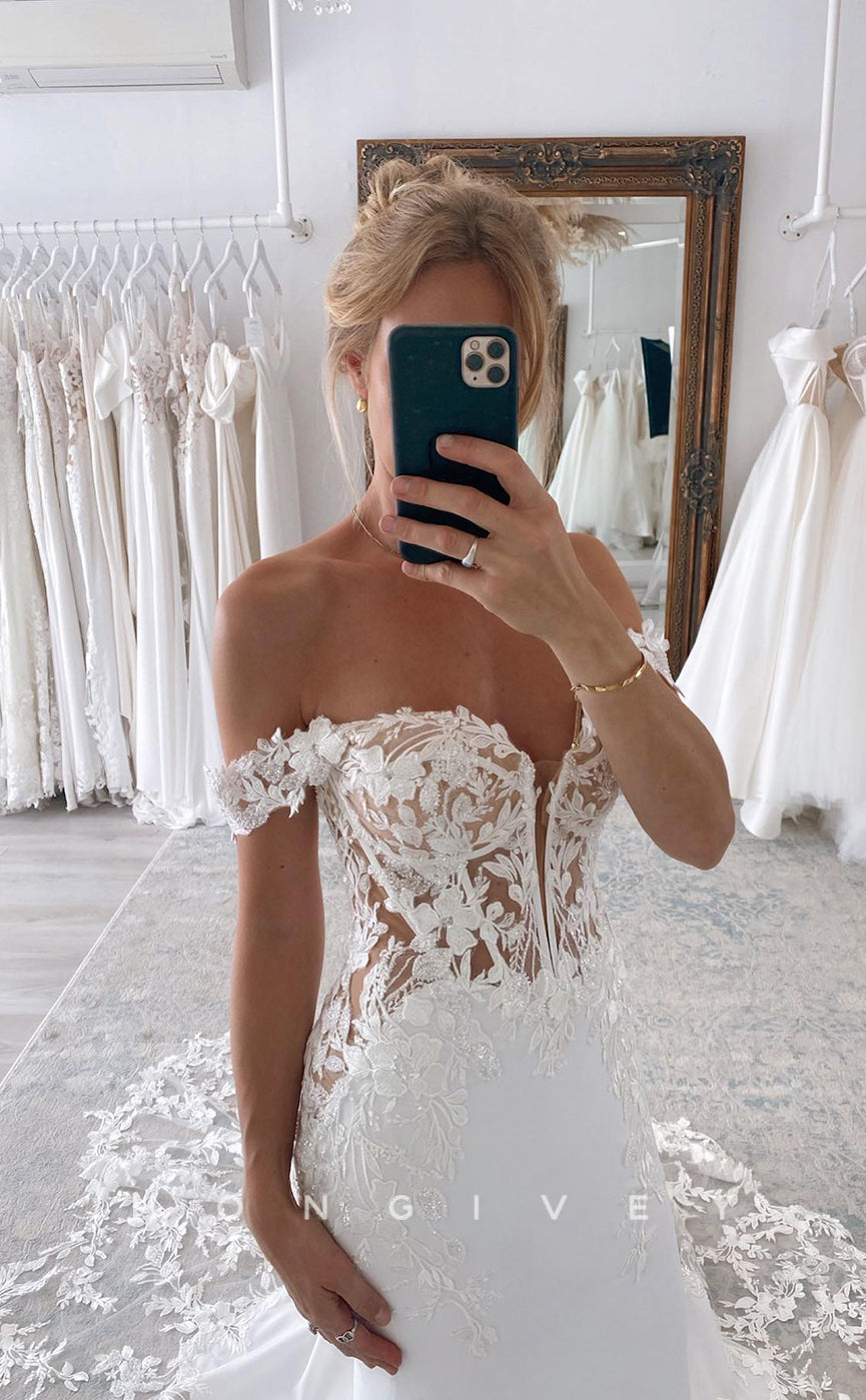 H0892 - Fully Floral Lace Embroidered Plunging Illusion Mermaid With Train Wedding Dress - Fashionpara