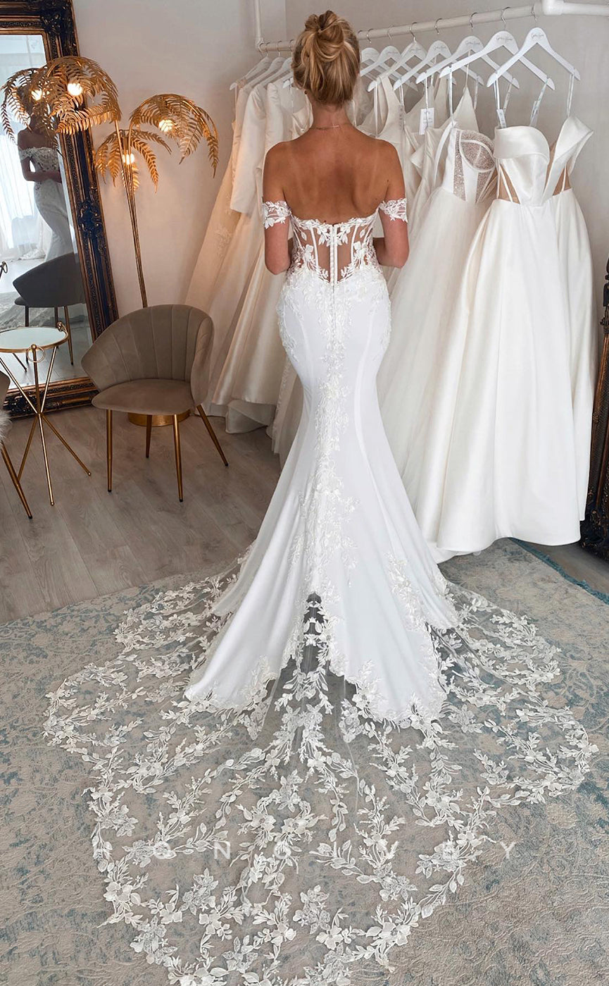 H0892 - Fully Floral Lace Embroidered Plunging Illusion Mermaid With Train Wedding Dress - Fashionpara