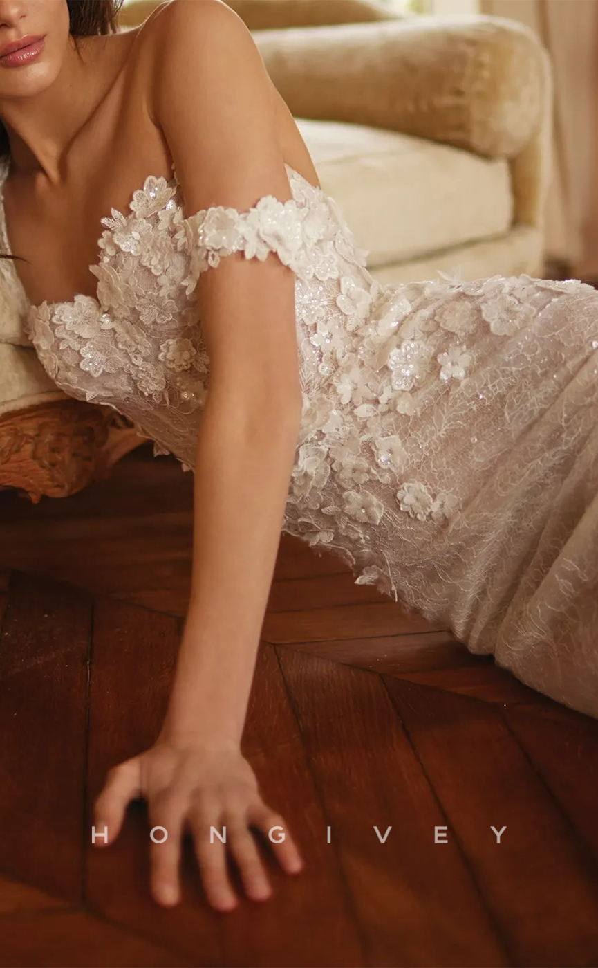 H0939 - Sparkly Floral Embossed Illusion With Train Long Wedding Dress - Fashionpara