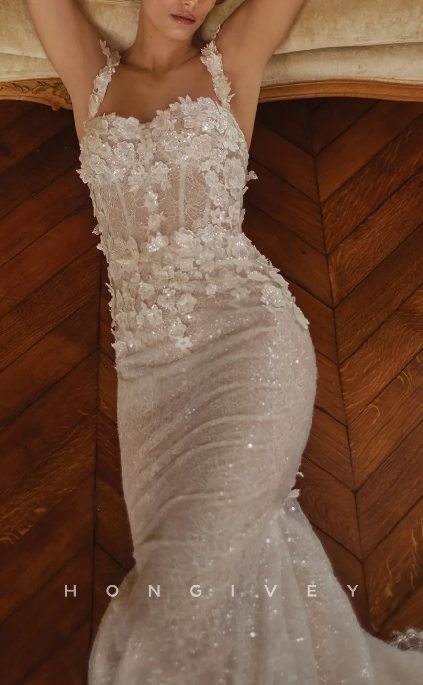 H0939 - Sparkly Floral Embossed Illusion With Train Long Wedding Dress - Fashionpara