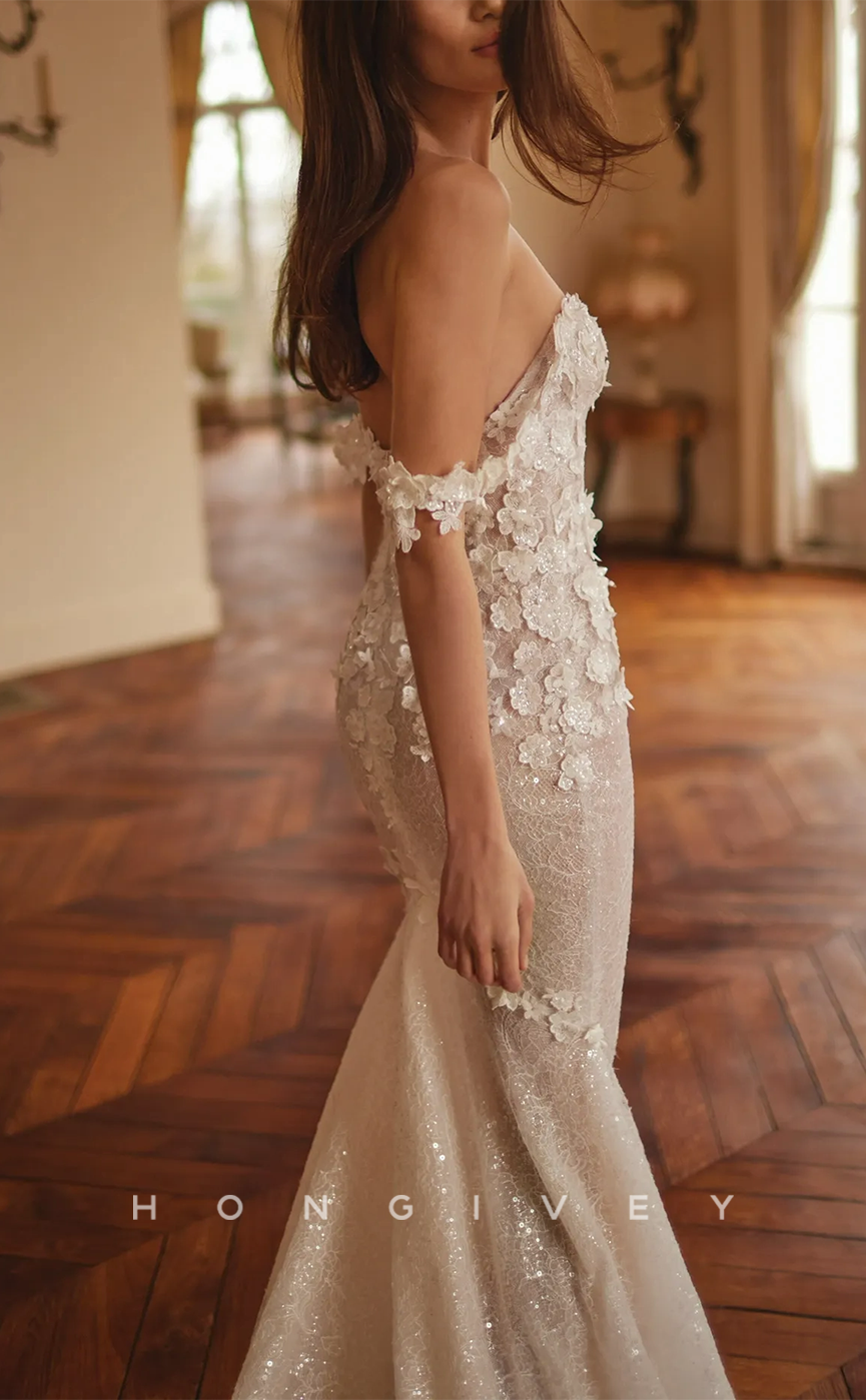 H0939 - Sparkly Floral Embossed Illusion With Train Long Wedding Dress - Fashionpara